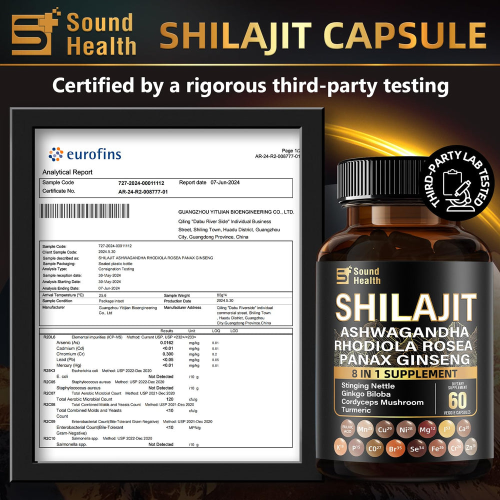 Ingredient overview showing Shilajit, Sea Moss, Burdock, Black Pepper, Turmeric, Echinacea, Elderberry, Vitamin C & D
