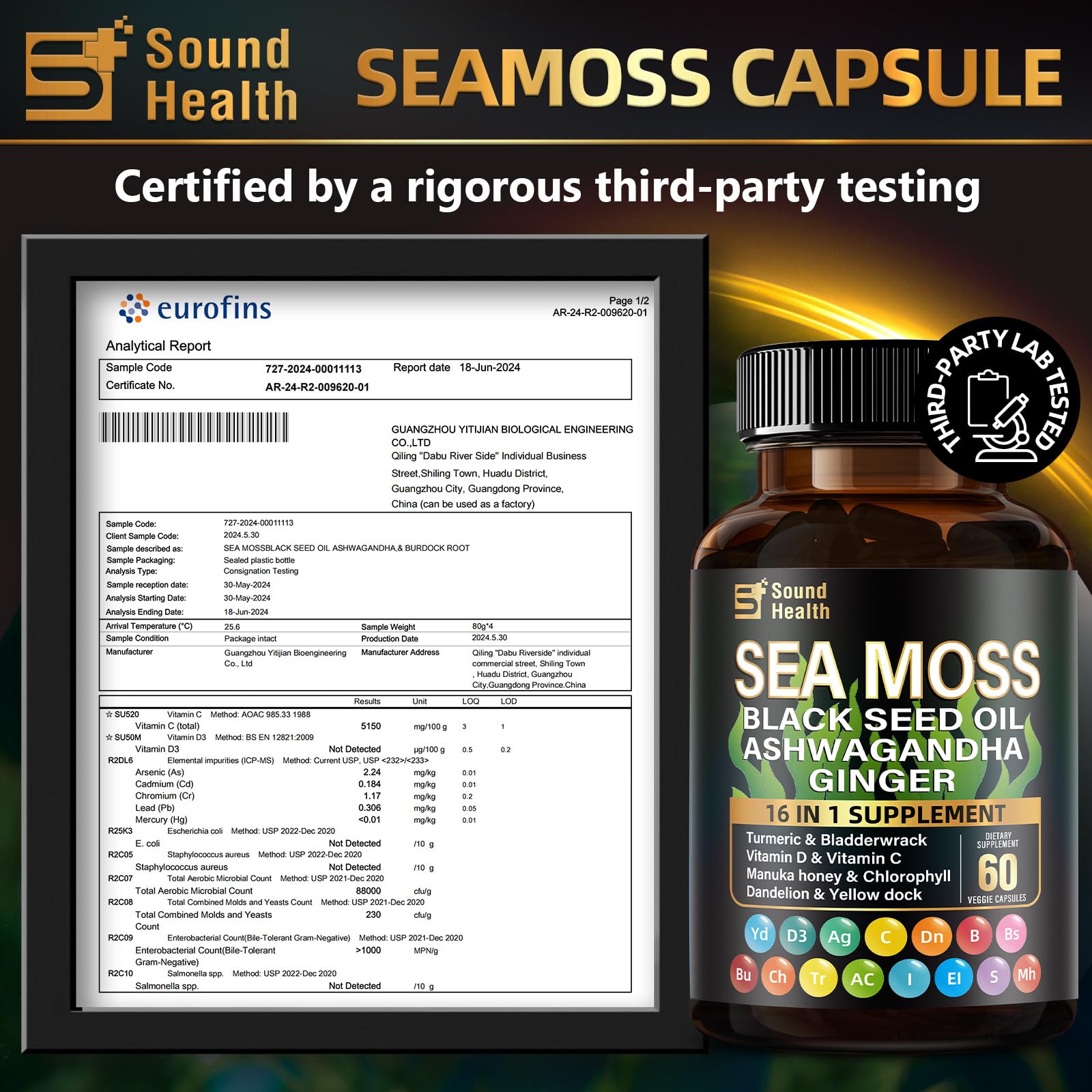 Back view of the two-bottle SoundHealth Sea Moss & Shilajit packaging with label details