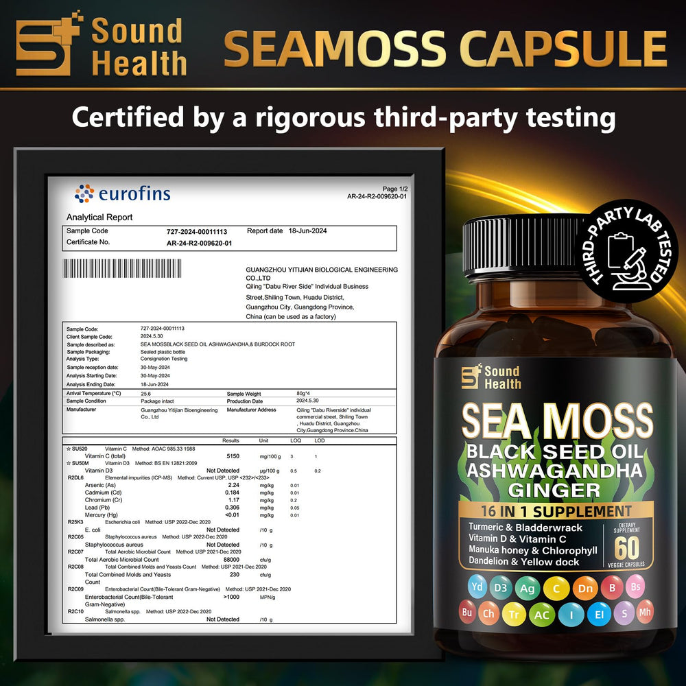 Back view of the two-bottle SoundHealth Sea Moss & Shilajit packaging with label details