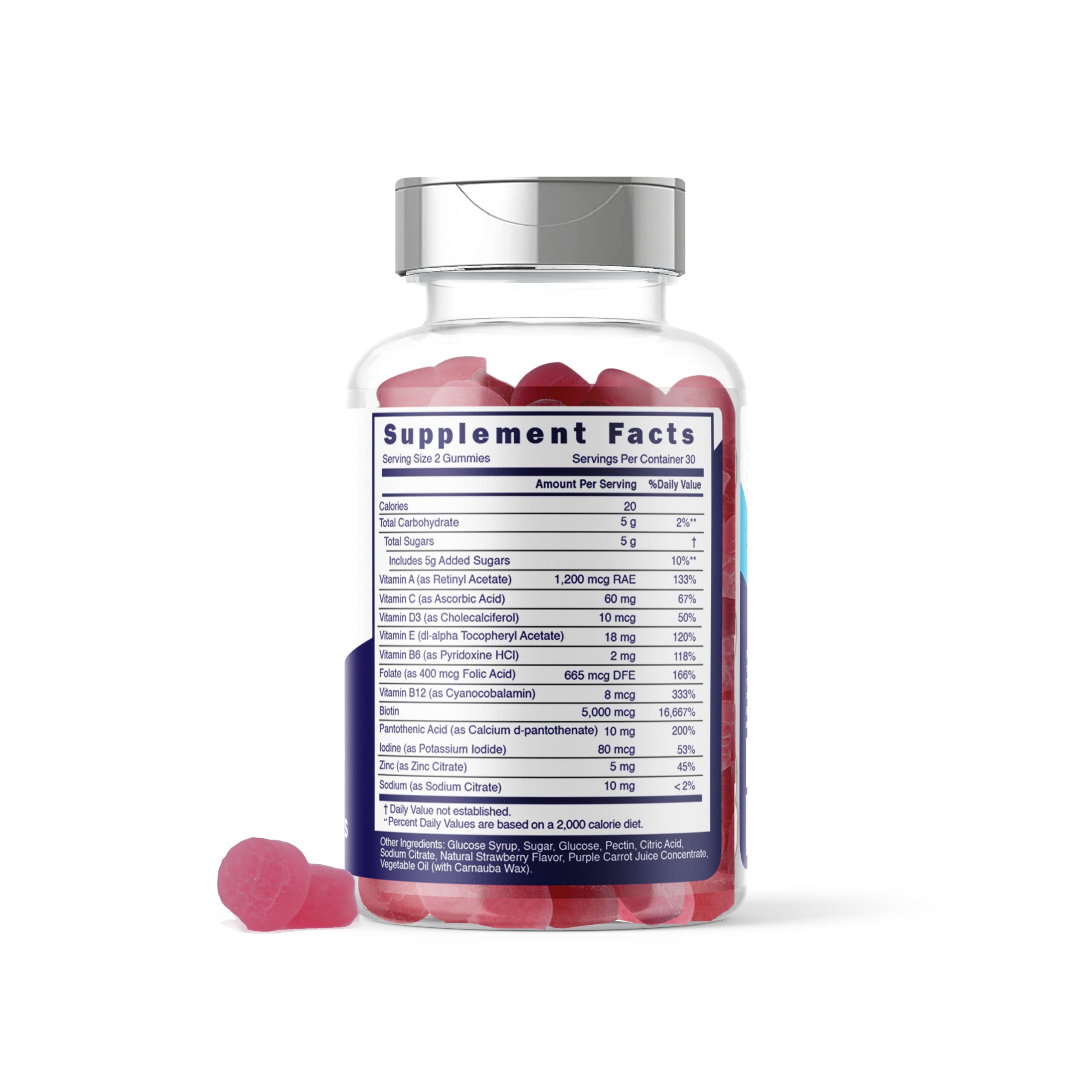 Close-up of vitamin ingredients showing vitamins A, C, D3, E, B6 and zinc