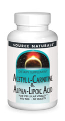 Bottle of Source Naturals Acetyl L-Carnitine & Alpha-Lipoic Acid 650mg - 30 tablets