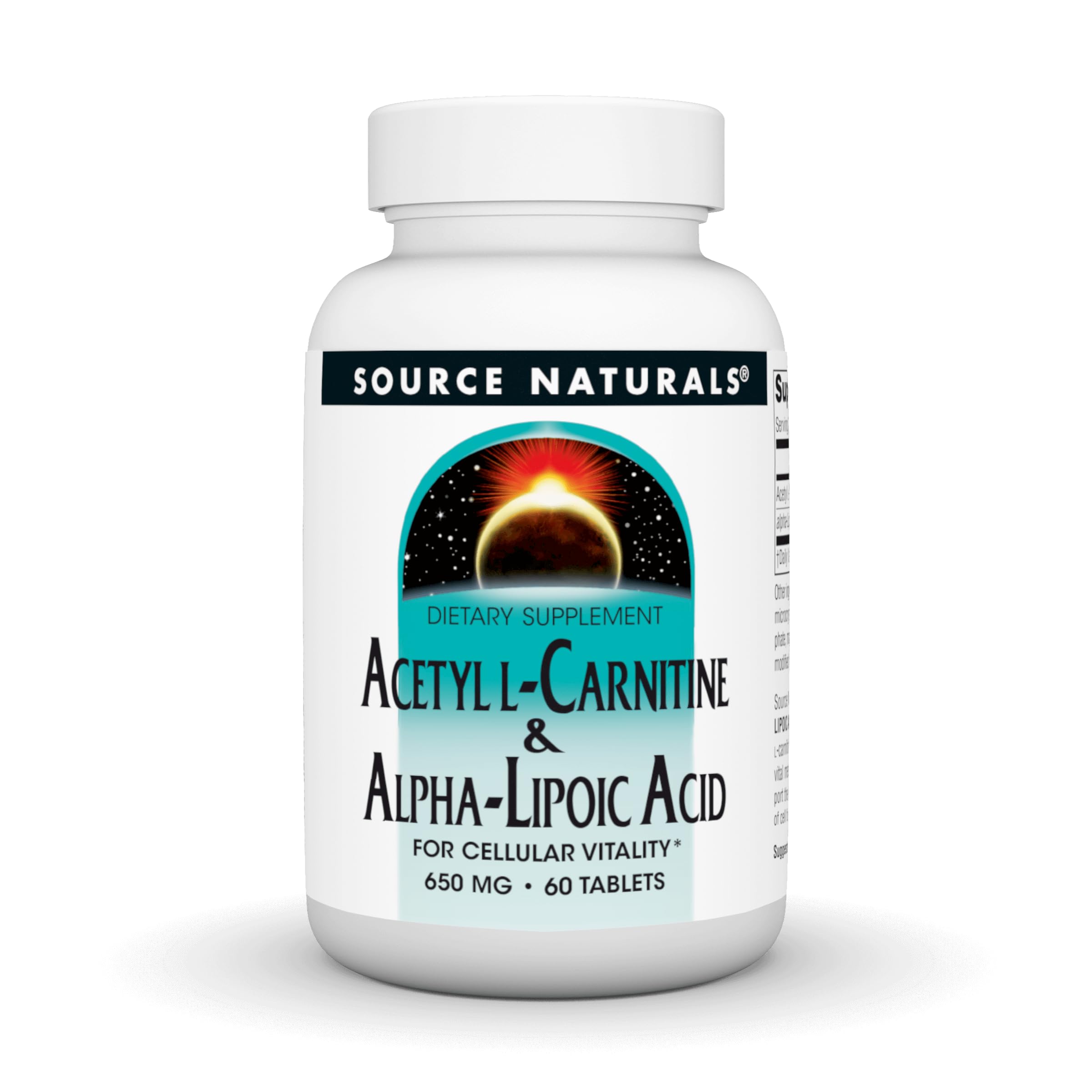 Bottle of Source Naturals Acetyl L-Carnitine & Alpha-Lipoic Acid 650 mg, 60 tablets.