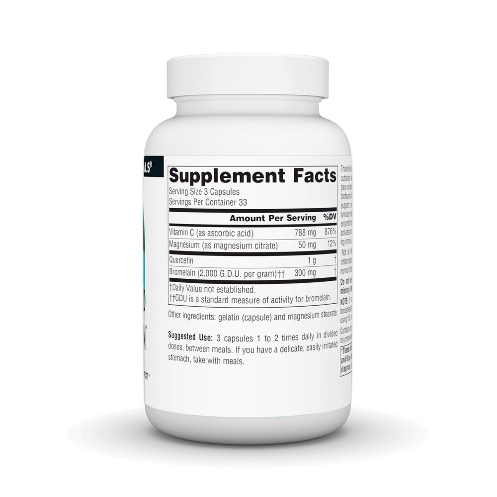 Close-up of ingredients showing quercetin, bromelain, magnesium citrate, and vitamin C
