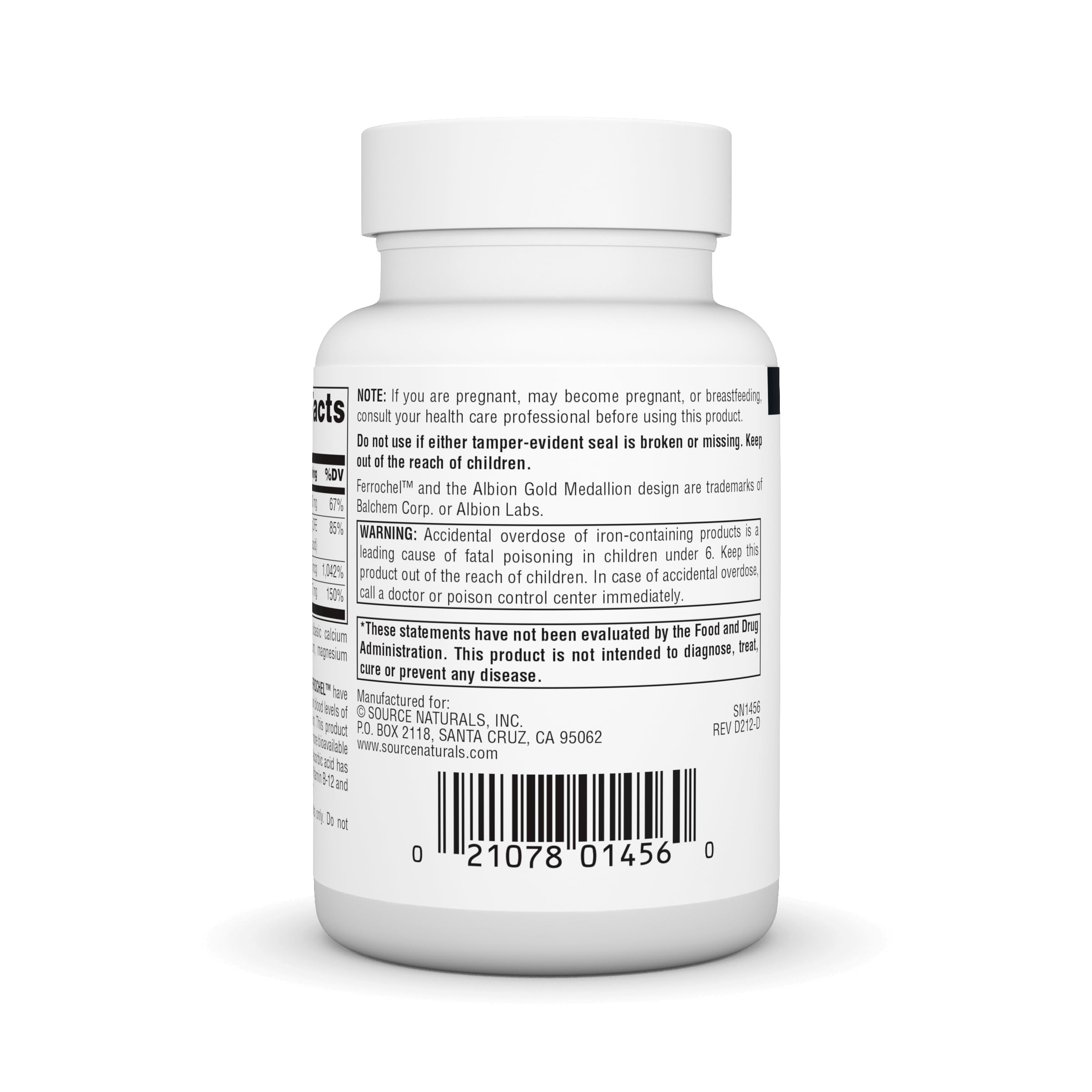 Source Naturals Advanced Ferrochel packaging box highlighting vegetarian-friendly iron option.