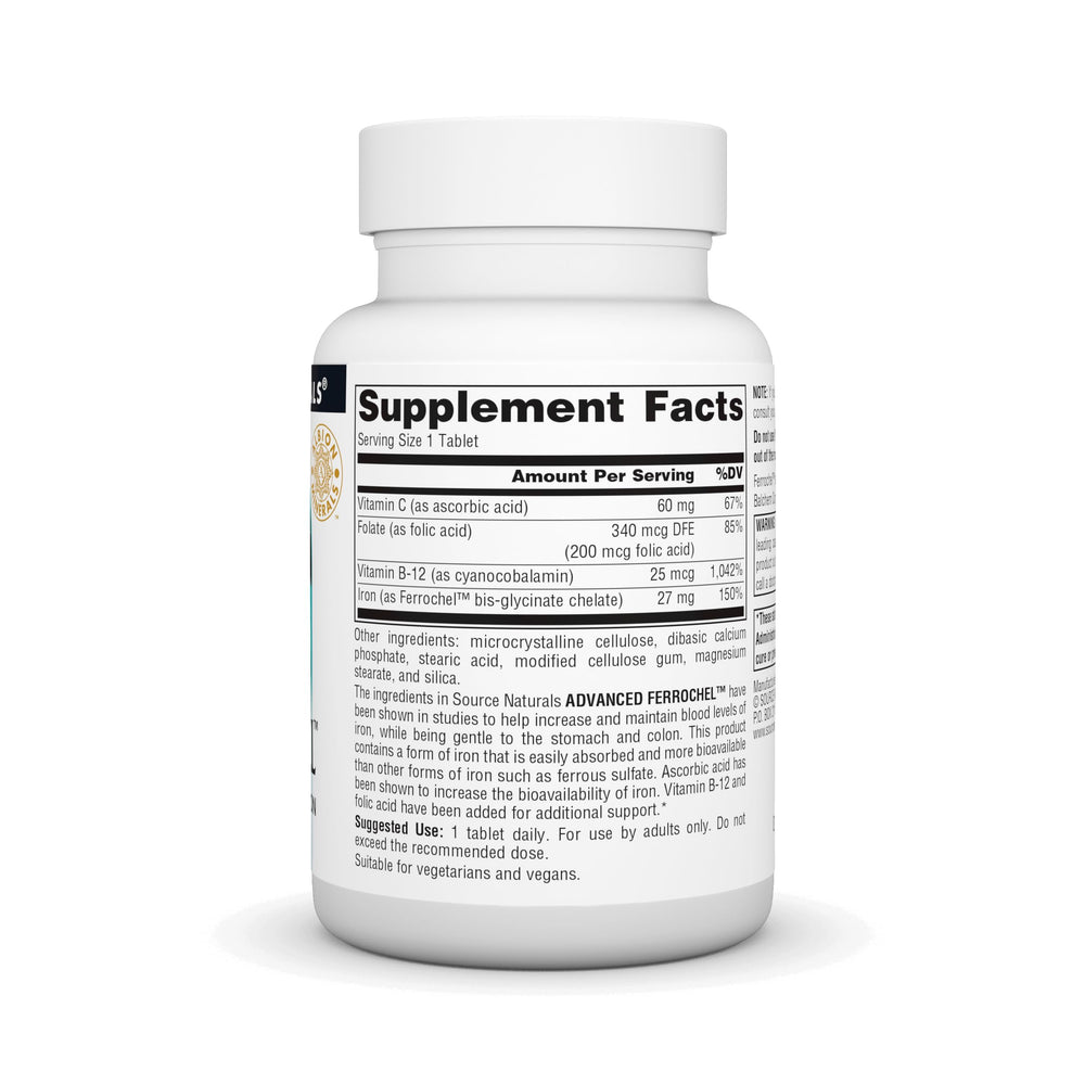 Source Naturals Advanced Ferrochel tablets in hand indicating easy daily supplementation.