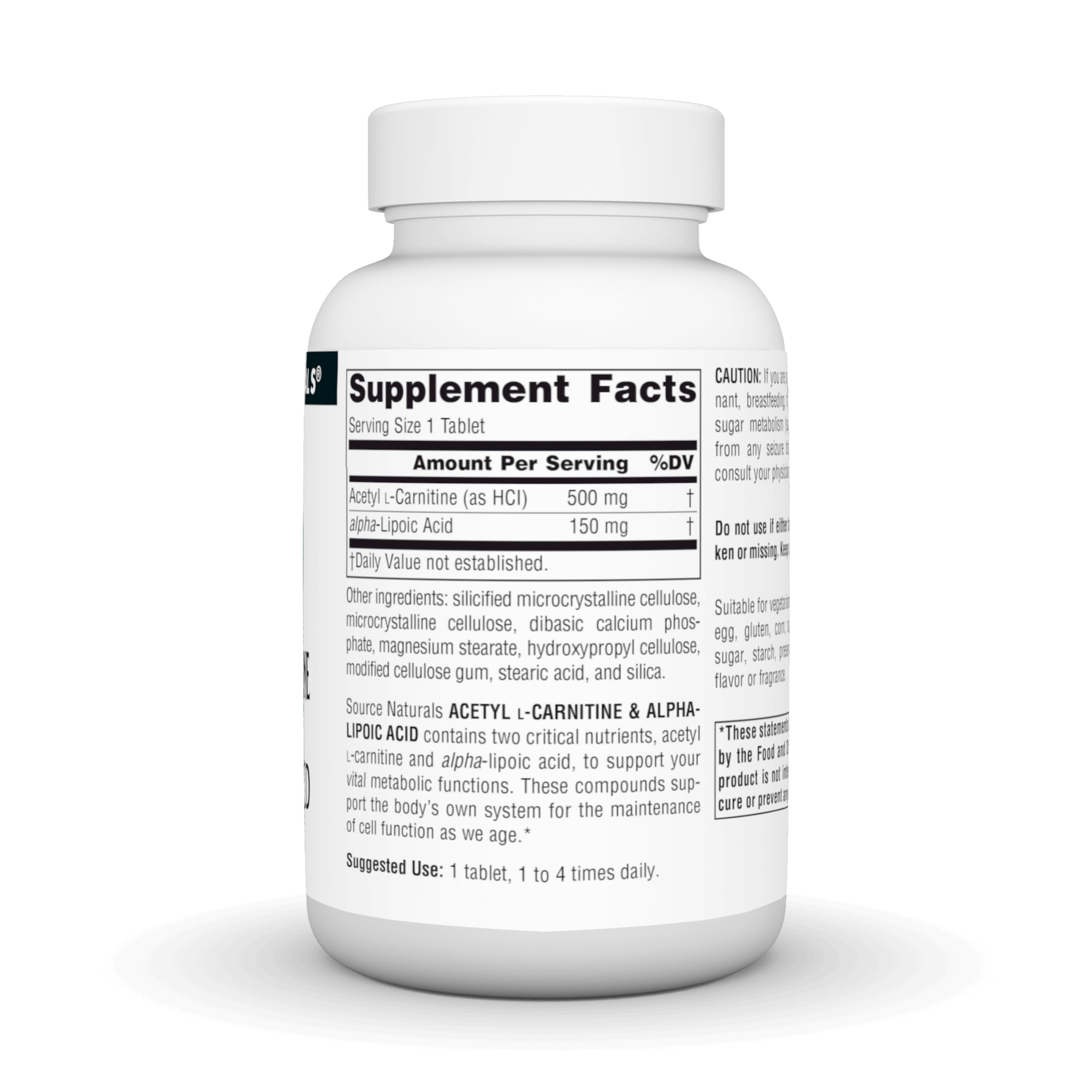 Close-up of Source Naturals Acetyl L-Carnitine & Alpha-Lipoic Acid tablets showing 650 mg dosage.