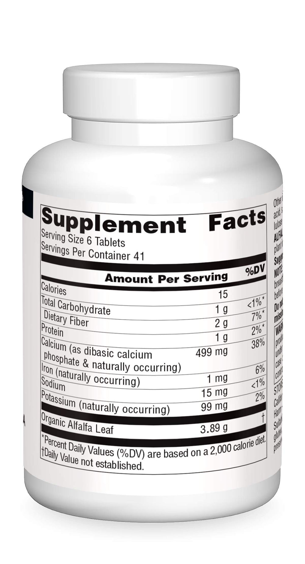 Nutrition label showing tablet count
