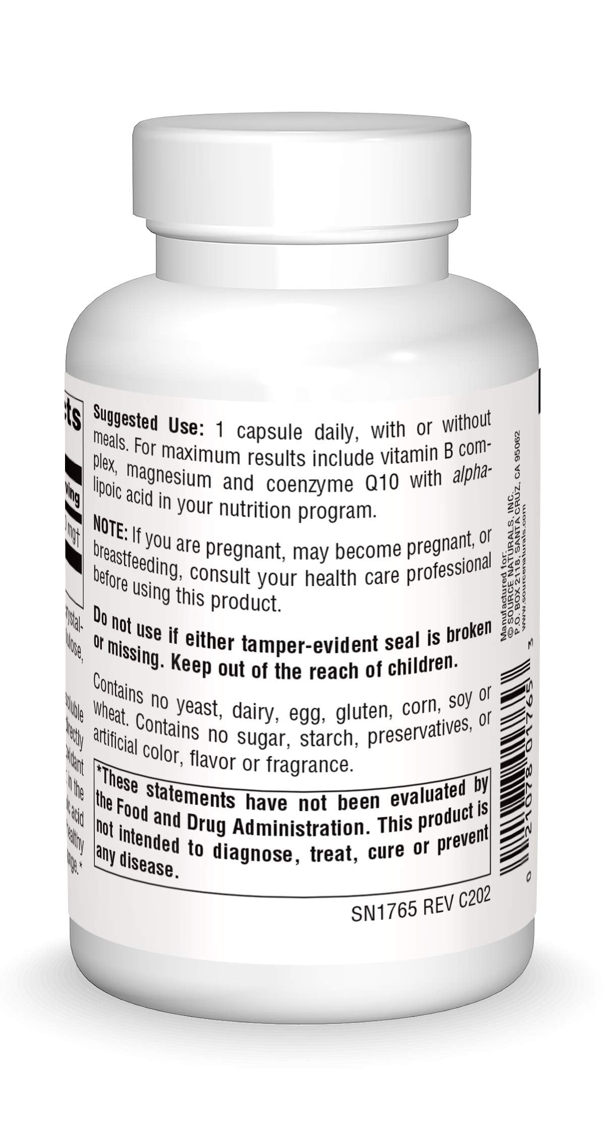 Side view of Source Naturals Alpha Lipoic Acid 300 mg 120 capsules