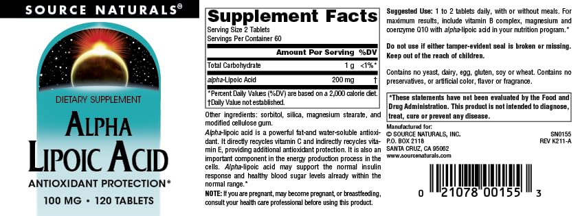 Supplement facts panel for Source Naturals Alpha Lipoic Acid
