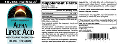 Supplement facts panel for Source Naturals Alpha Lipoic Acid