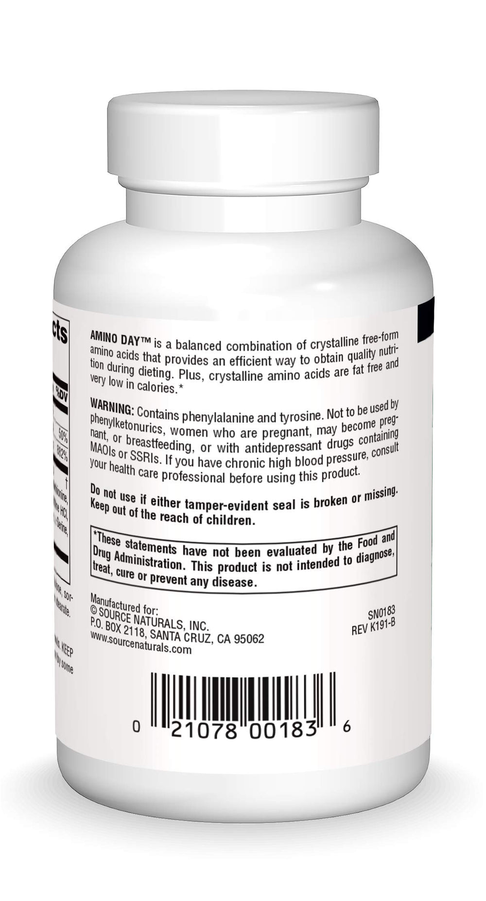 Back panel of Amino Day bottle with usage directions