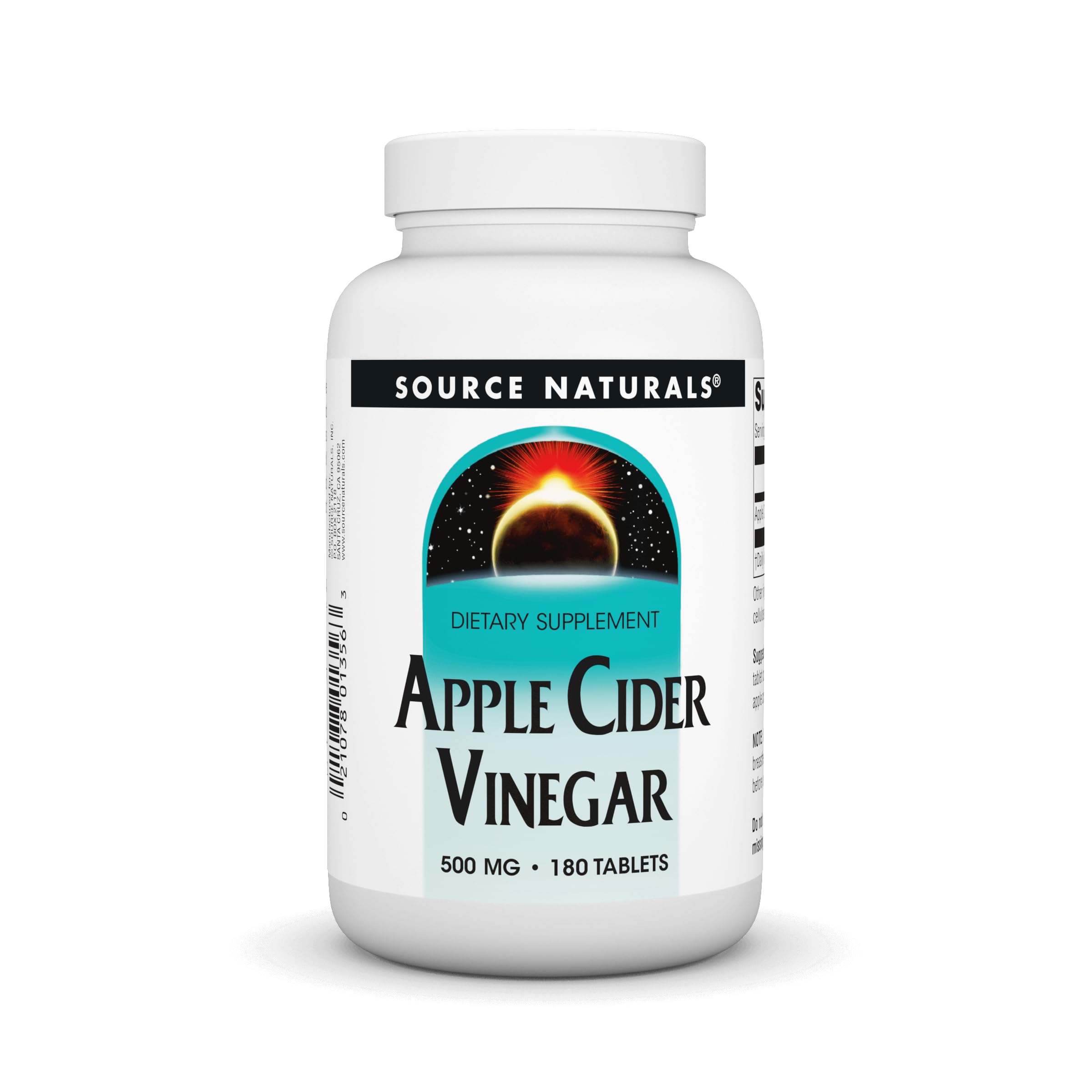 Bottle of Source Naturals Apple Cider Vinegar 500mg dietary supplement with 180 tablets