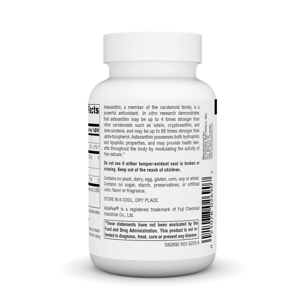 Back label with directions and ingredients for Source Naturals Astaxanthin 12mg