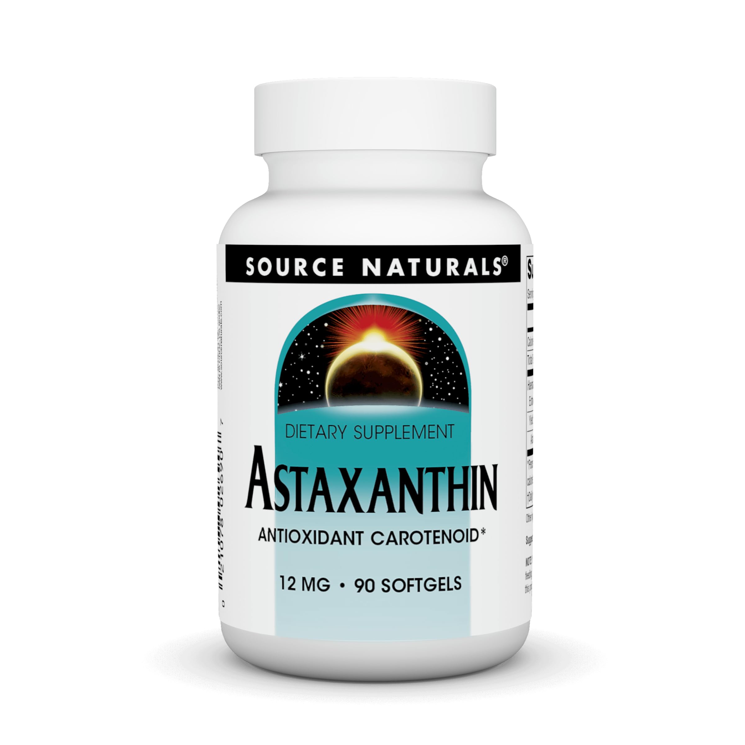 Bottle of Source Naturals Astaxanthin 12mg 90 softgels on white background