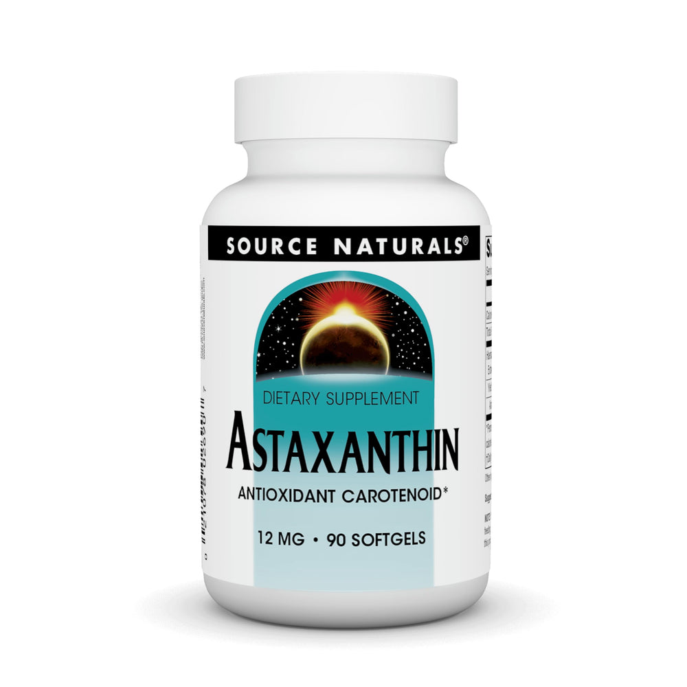 Bottle of Source Naturals Astaxanthin 12mg 90 softgels on white background