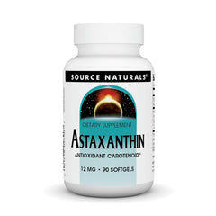 Bottle of Source Naturals Astaxanthin 12mg 90 softgels on white background