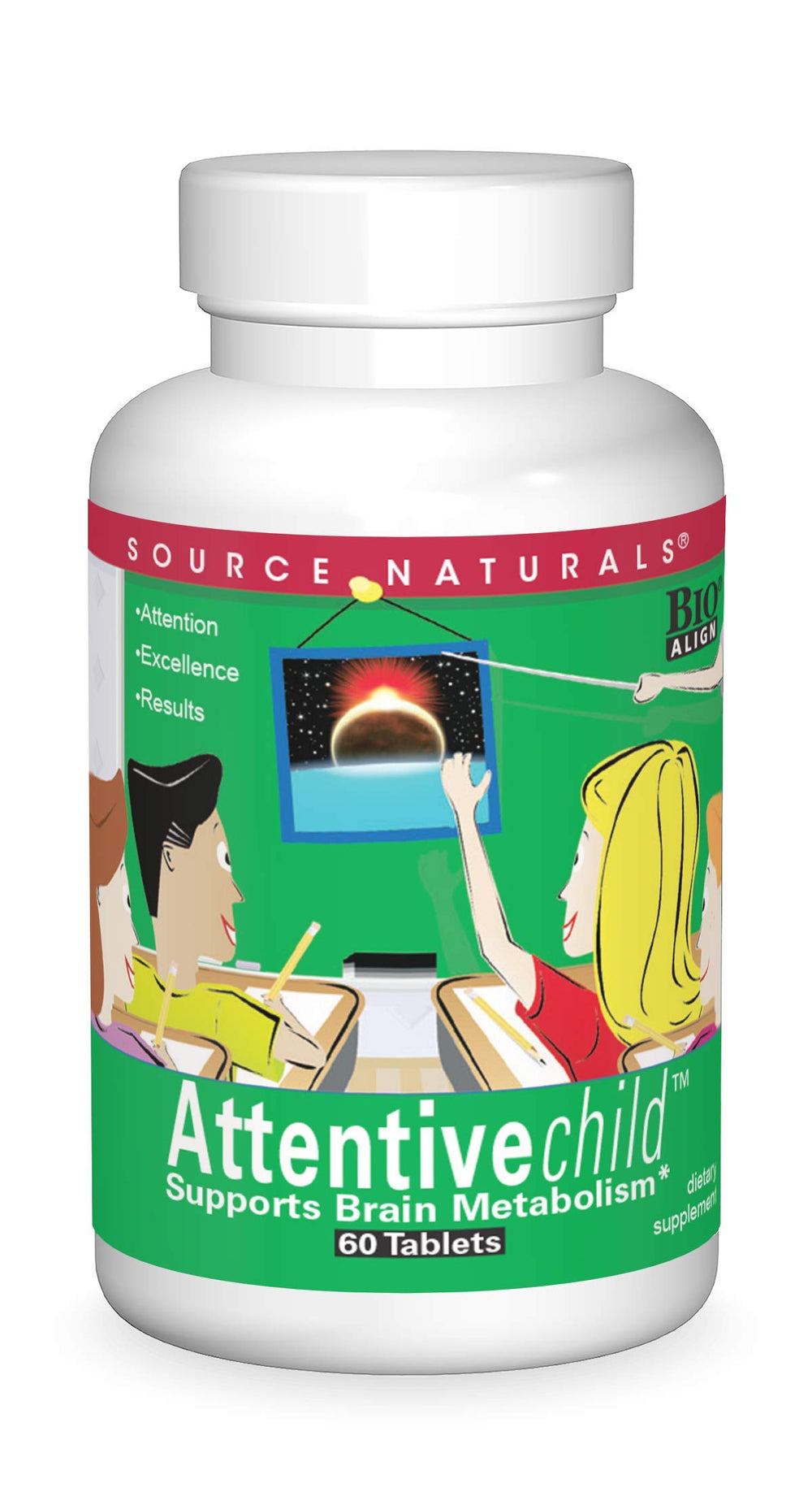 Source Naturals Attentive Child 60-tablet bottle showing DMAE, magnesium, zinc and grape seed extract