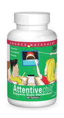 Source Naturals Attentive Child 60-tablet bottle showing DMAE, magnesium, zinc and grape seed extract
