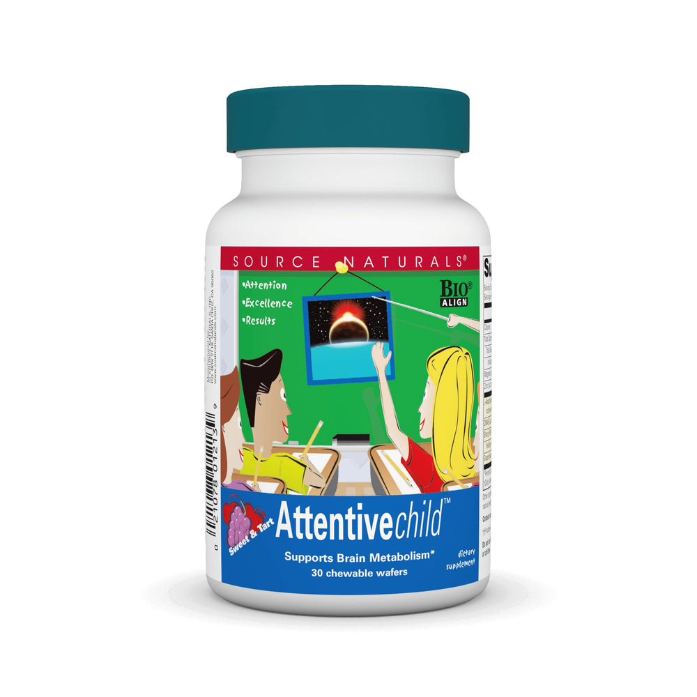 Bottle of Source Naturals Attentive Child Chewable Wafers for brain metabolism support