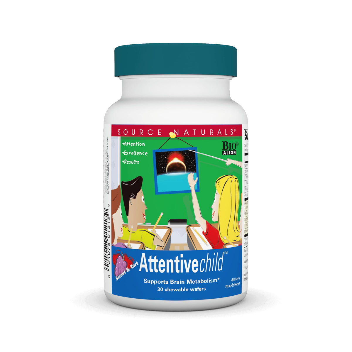 Bottle of Source Naturals Attentive Child Chewable Wafers for brain metabolism support