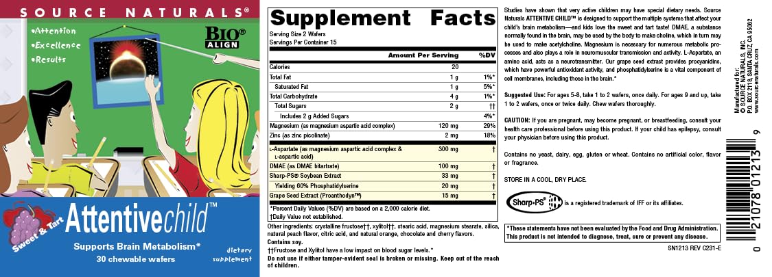 Nutrition facts panel on Attentive Child Chewable Wafers