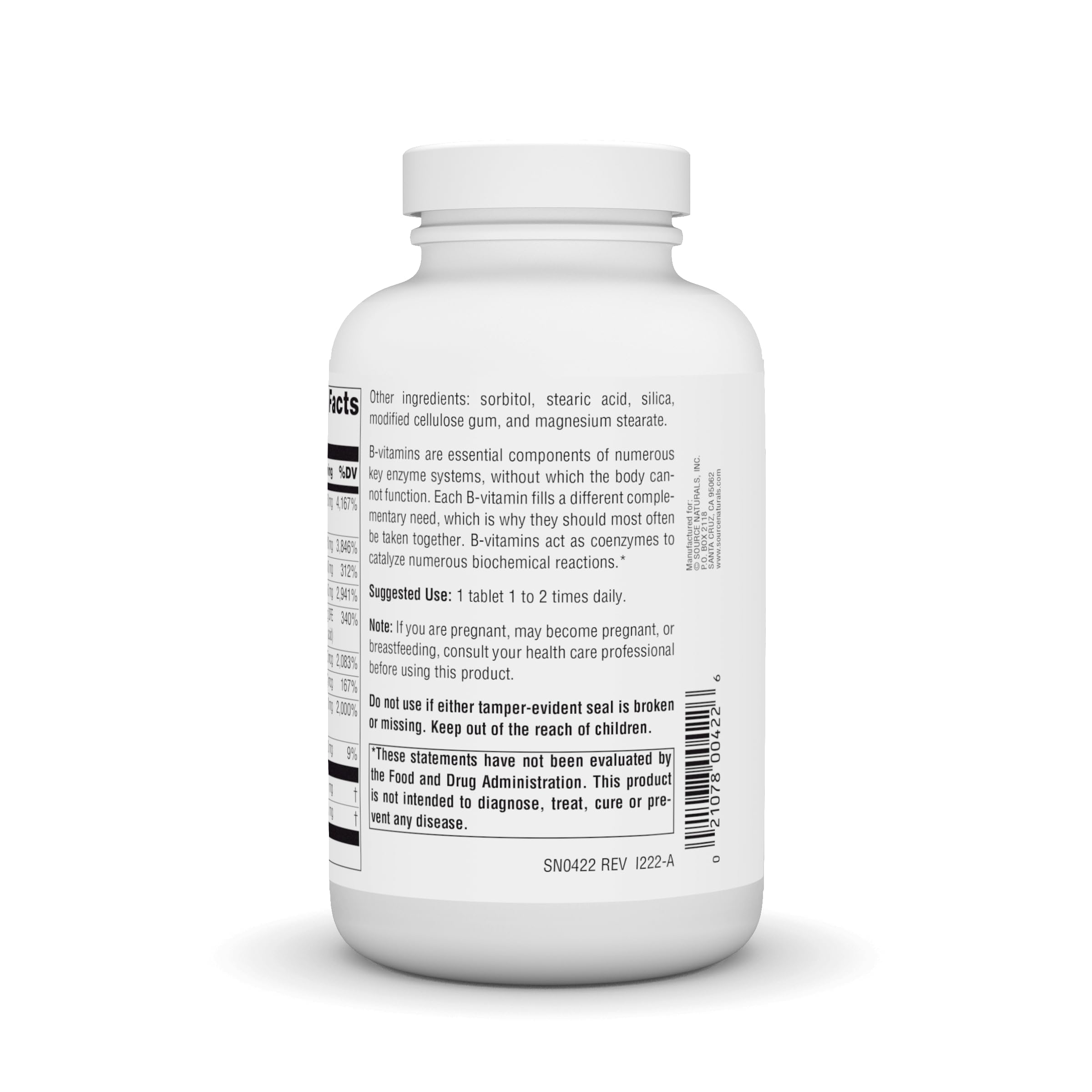Supplement facts panel for Source Naturals B-50 Complex