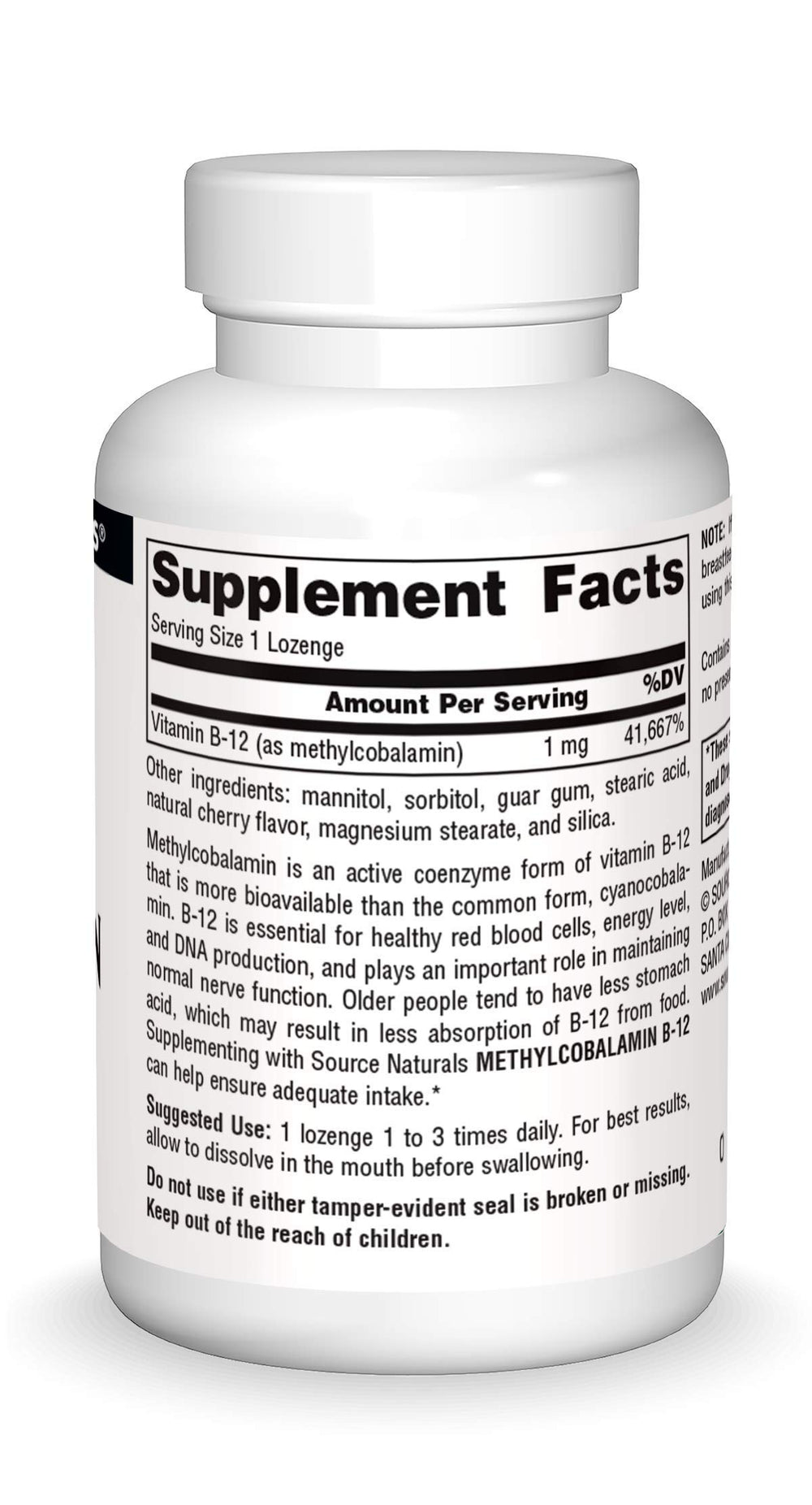 Bottle and packaging of Source Naturals B-12 methylcobalamin
