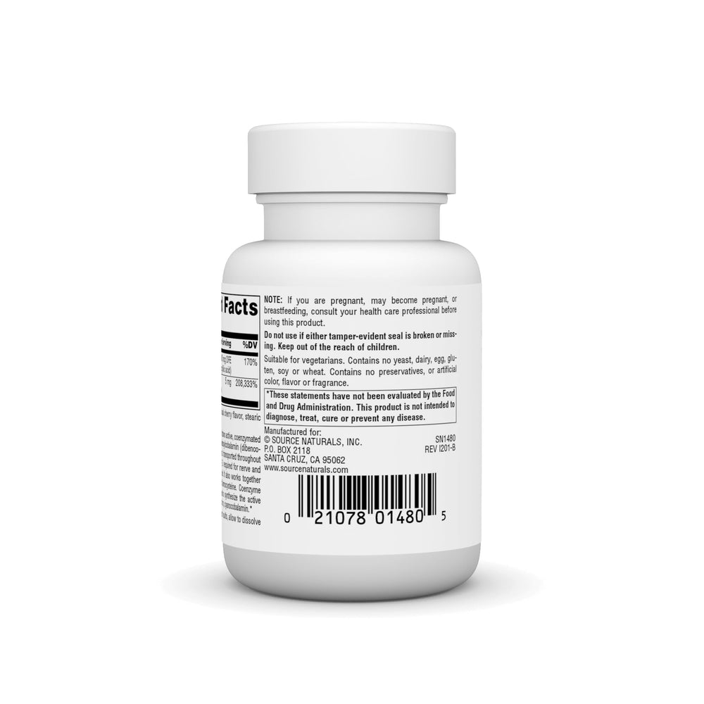 Close-up of '5 mg' on B-12 Complex packaging