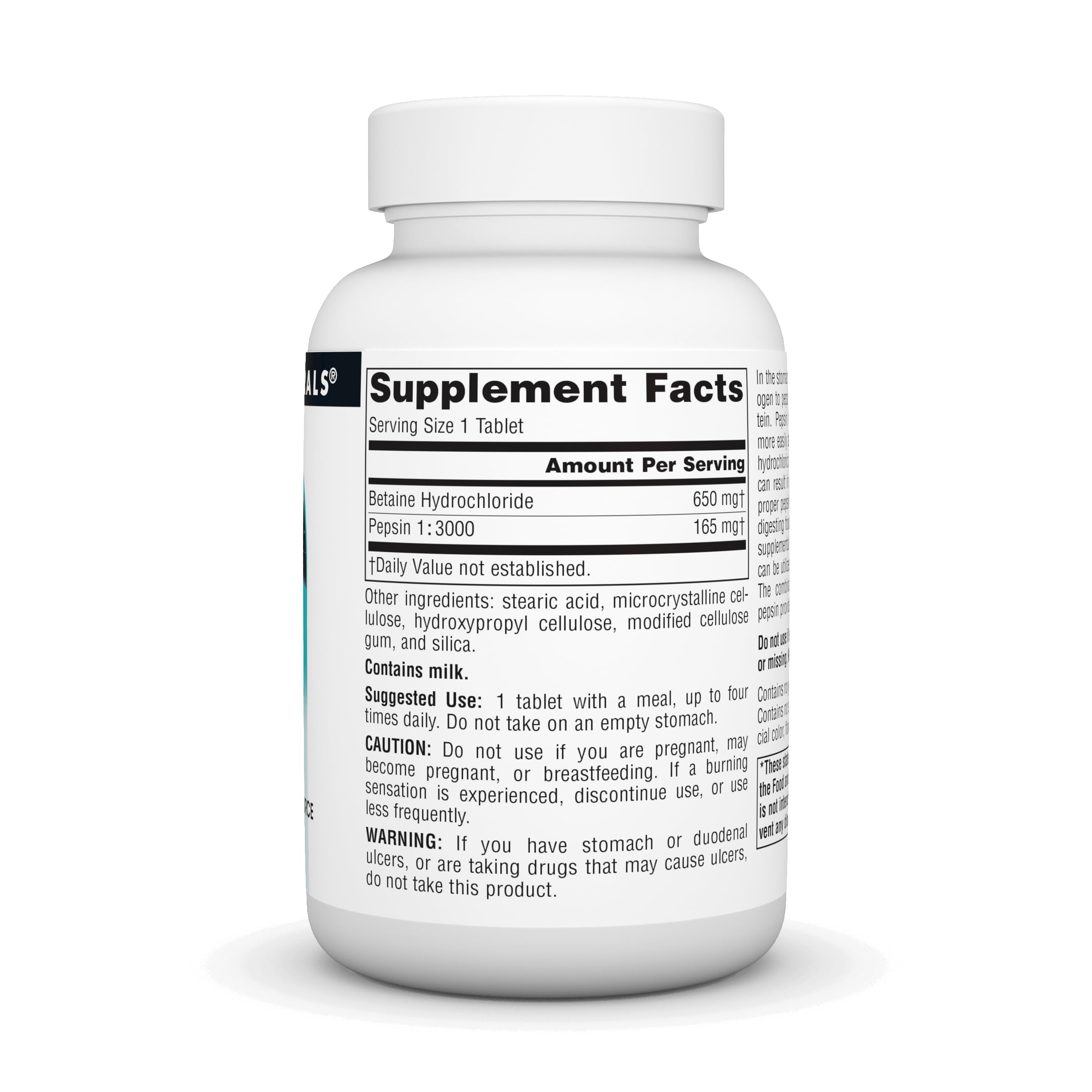 Back panel of Source Naturals Betaine HCl 650 mg 90 tabs