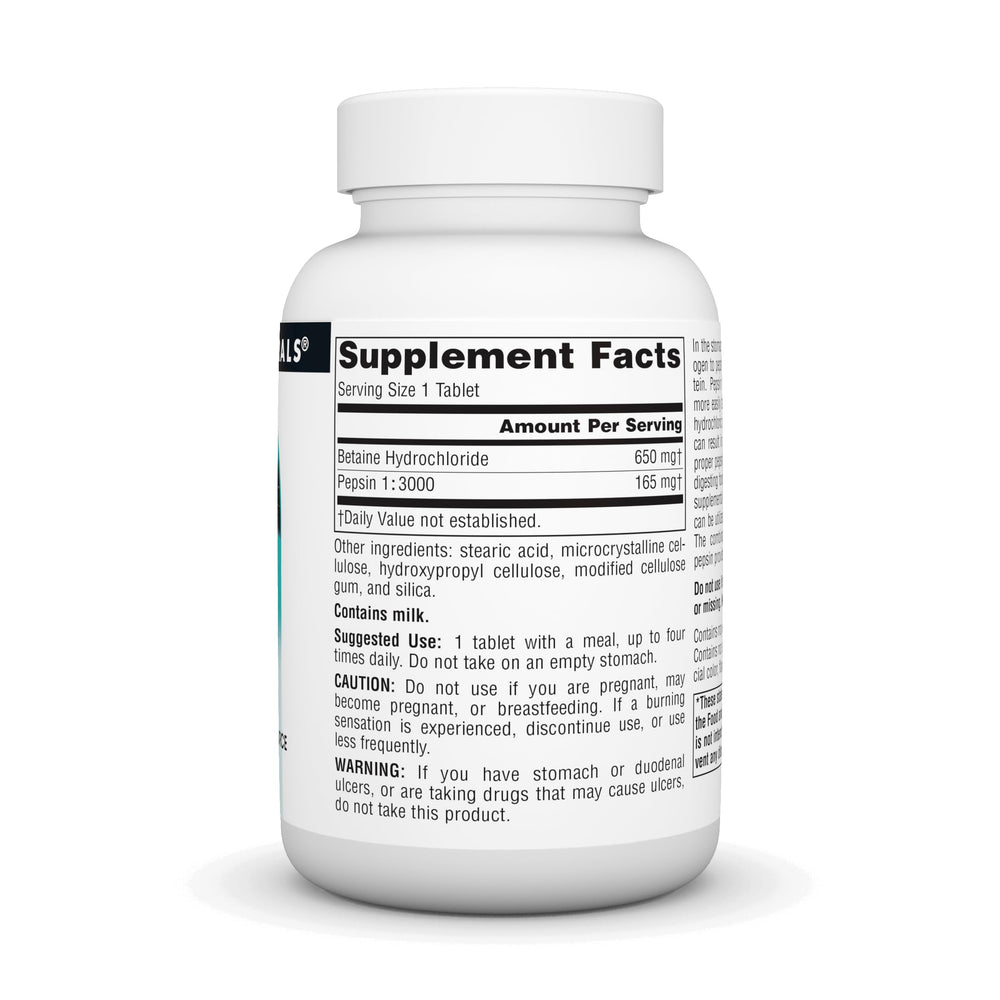 Back panel of Source Naturals Betaine HCl 650 mg 90 tabs