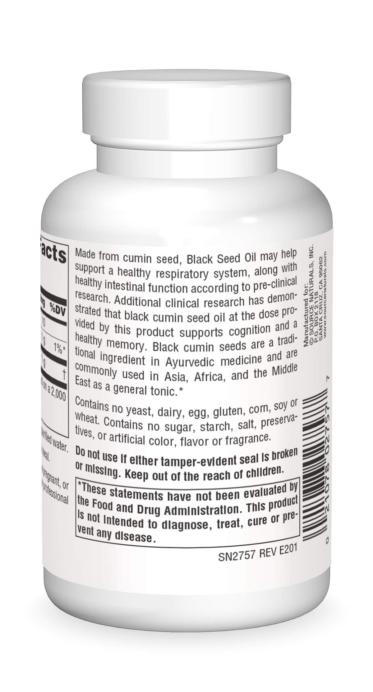 Close-up of the product label on the Source Naturals Black Cumin Seed Oil bottle