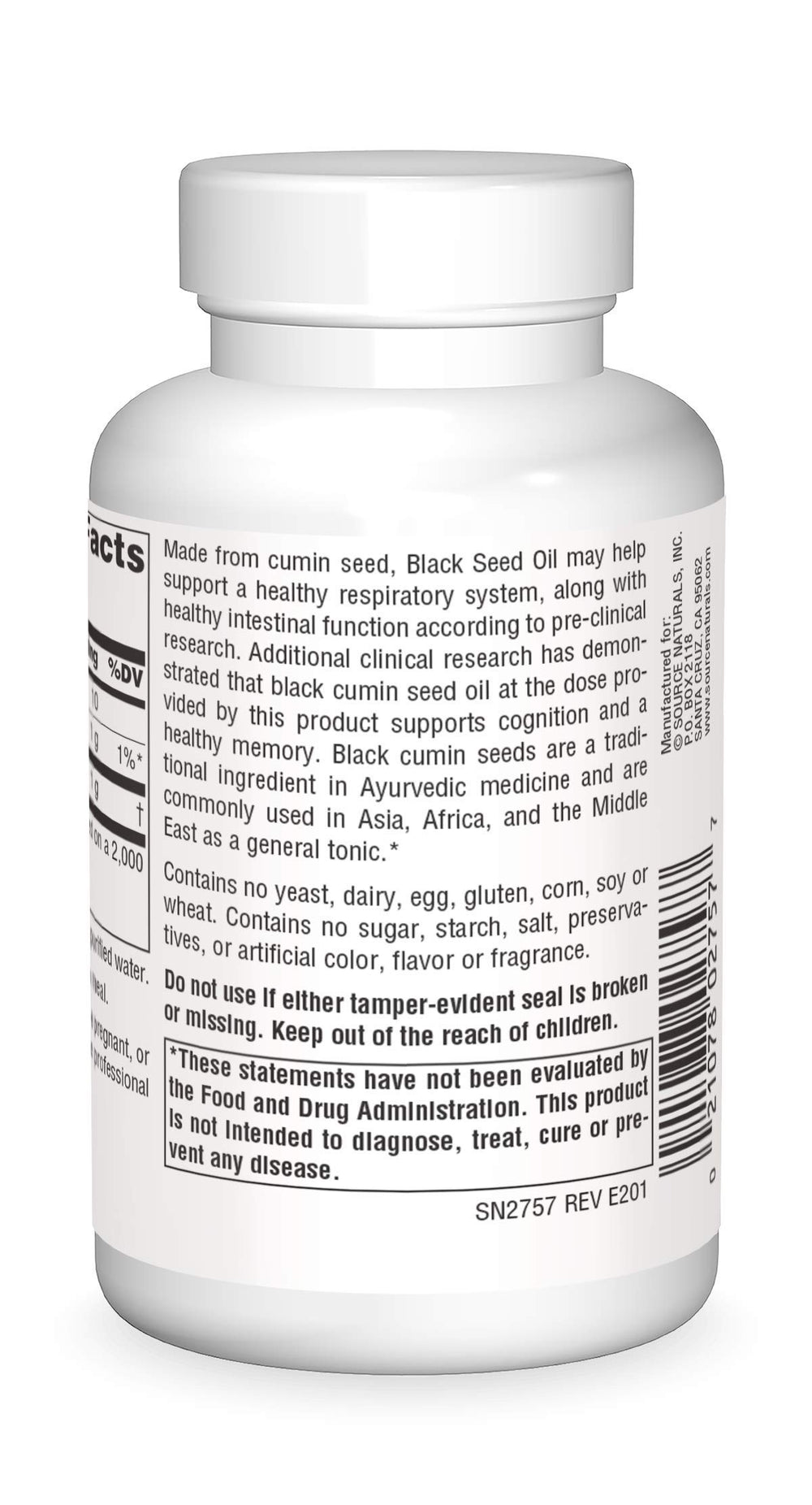 Close-up of the product label on the Source Naturals Black Cumin Seed Oil bottle