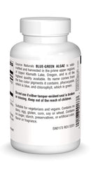 Close-up of blue green algae tablets in a bottle