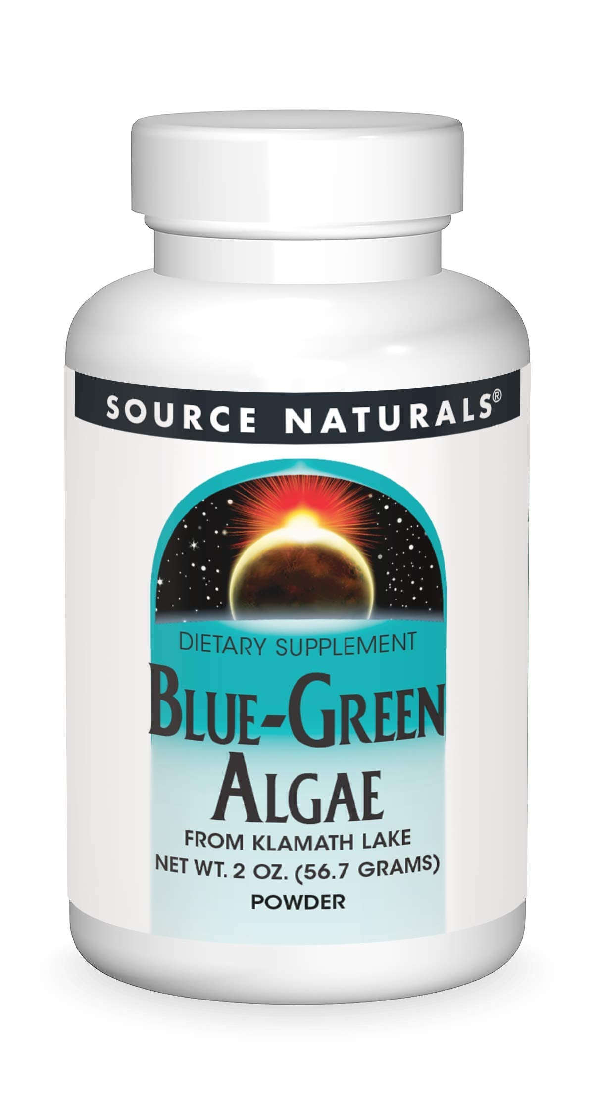 Source Naturals blue-green algae powder bottle for a convenient daily wellness supplement.