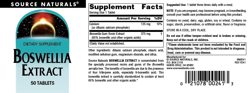 Supplement facts panel for Boswellia Extract 243 mg