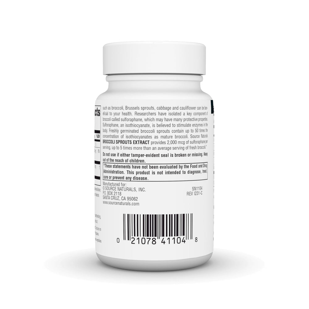 Supplement facts panel showing 2,000 mcg sulforaphane per tablet