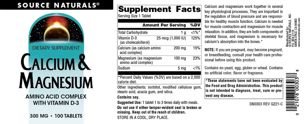 Ingredient highlights for Source Naturals Calcium & Magnesium with Vitamin D-3
