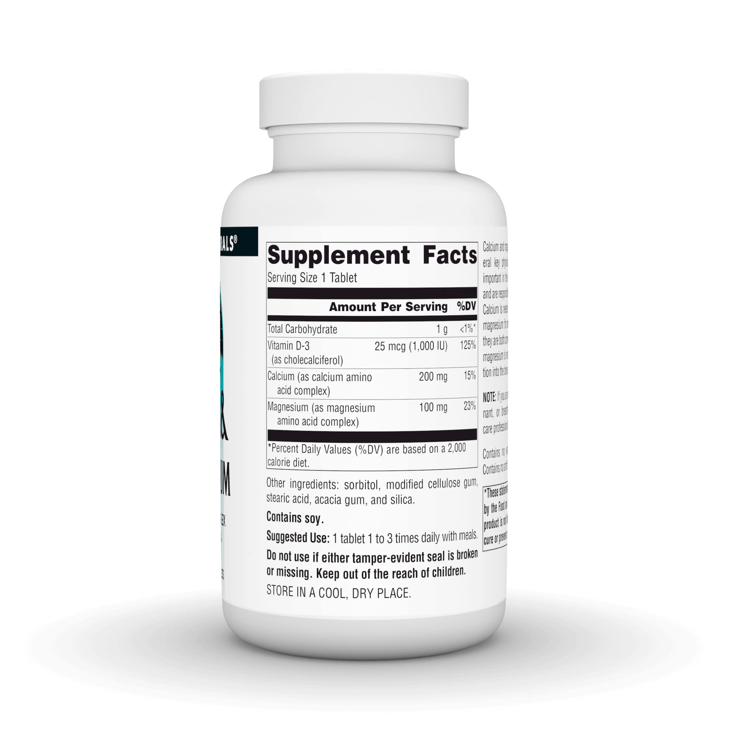 Close-up of product label for Source Naturals Calcium & Magnesium with Vitamin D-3