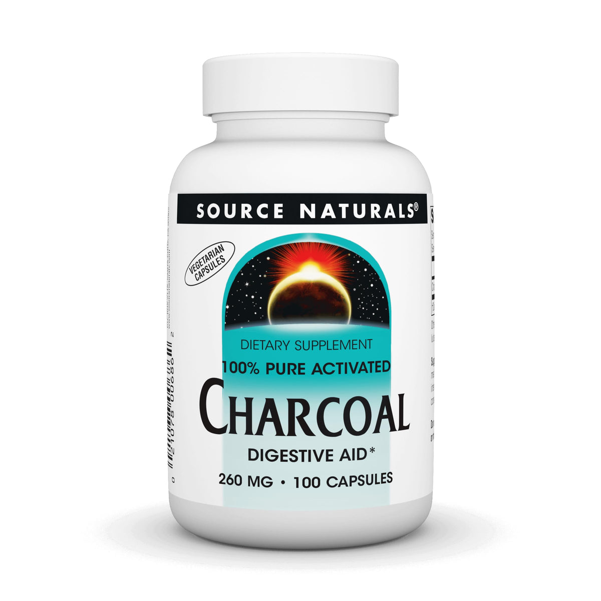 Bottle of Source Naturals Charcoal Activated 100 capsules with label