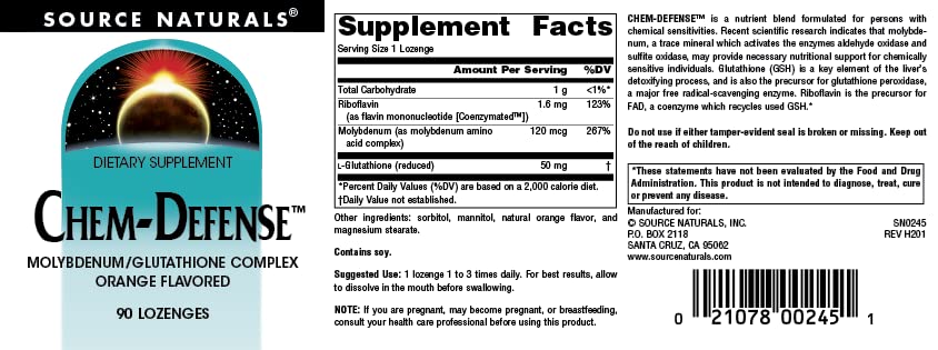 Supplement facts panel for Chem-Defense