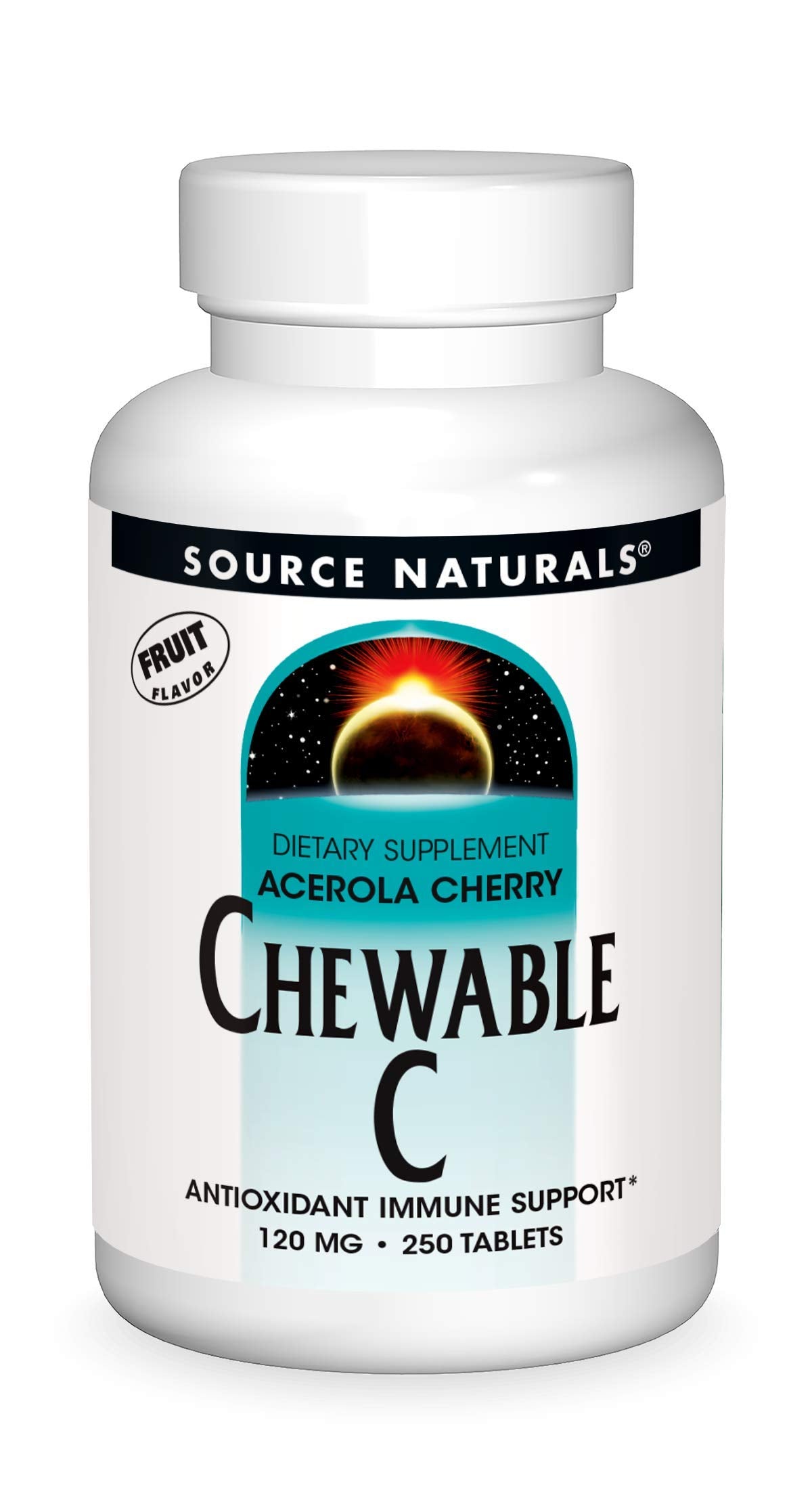 Bottle of Source Naturals Chewable C Acerola Cherry 120 mg 250 Fruit Flavored Tablets