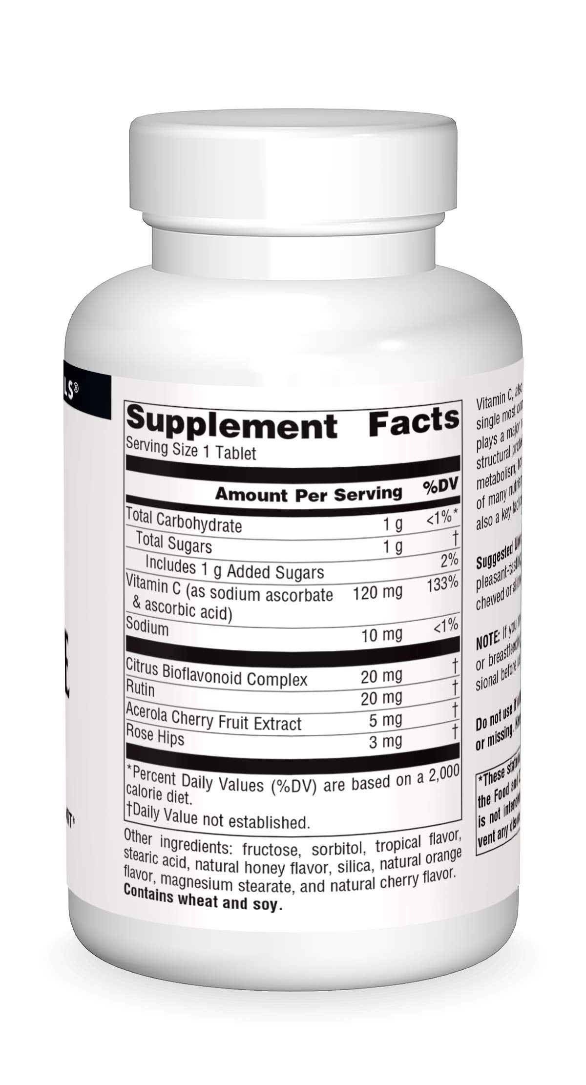 Nutrition facts label for Source Naturals Chewable C Acerola Cherry