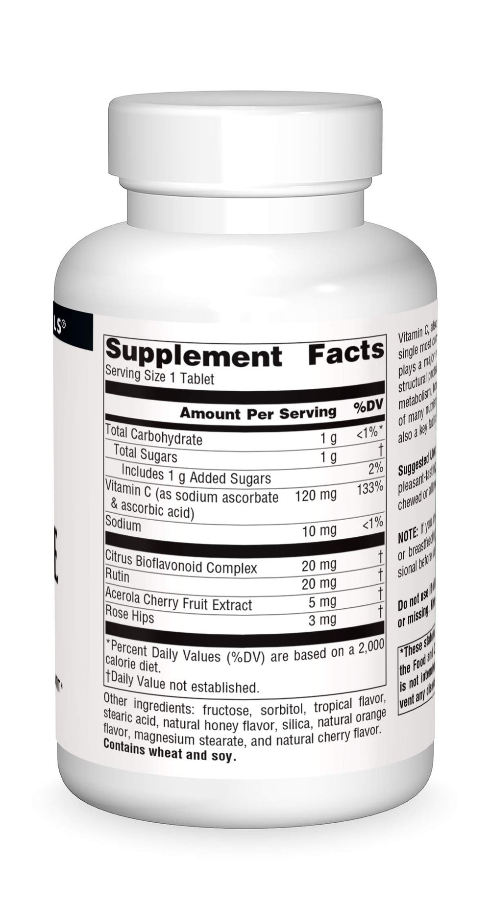 Nutrition facts label for Source Naturals Chewable C Acerola Cherry