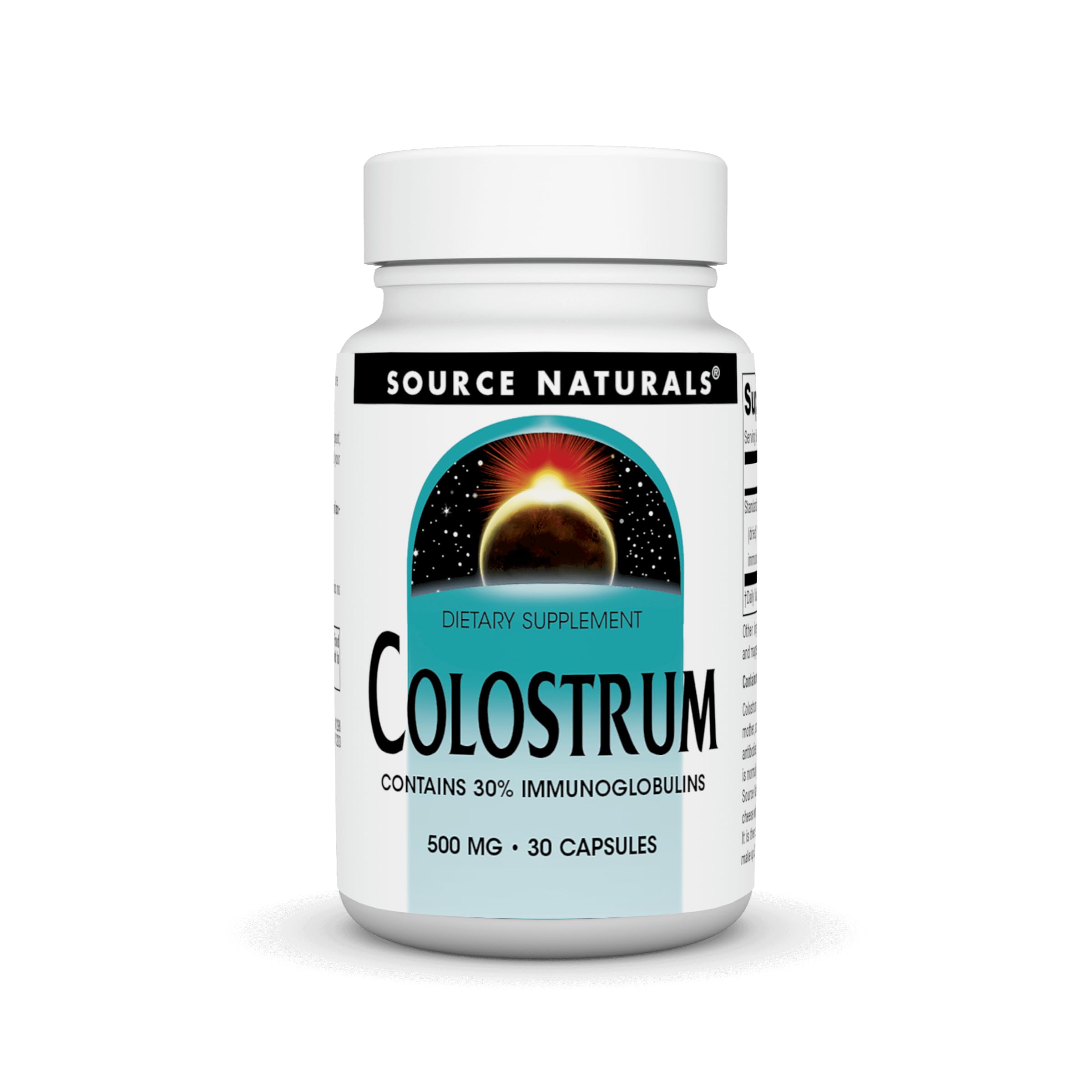 Bottle of Source Naturals Colostrum with label highlighting 30% immunoglobulins