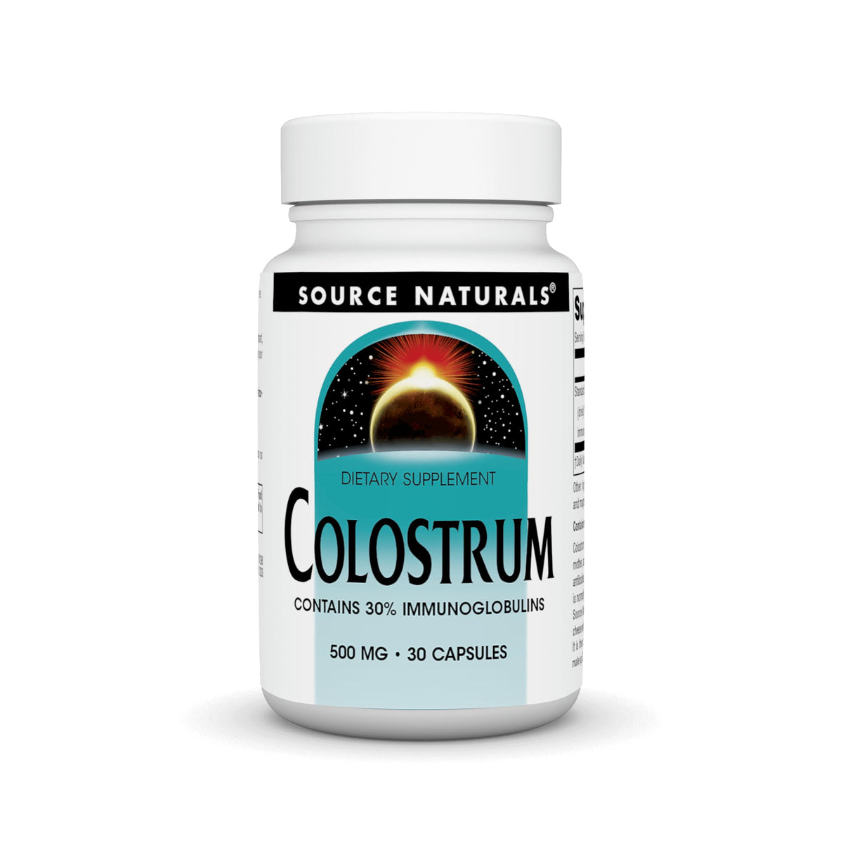 Bottle of Source Naturals Colostrum with label highlighting 30% immunoglobulins