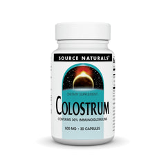 Bottle of Source Naturals Colostrum with label highlighting 30% immunoglobulins