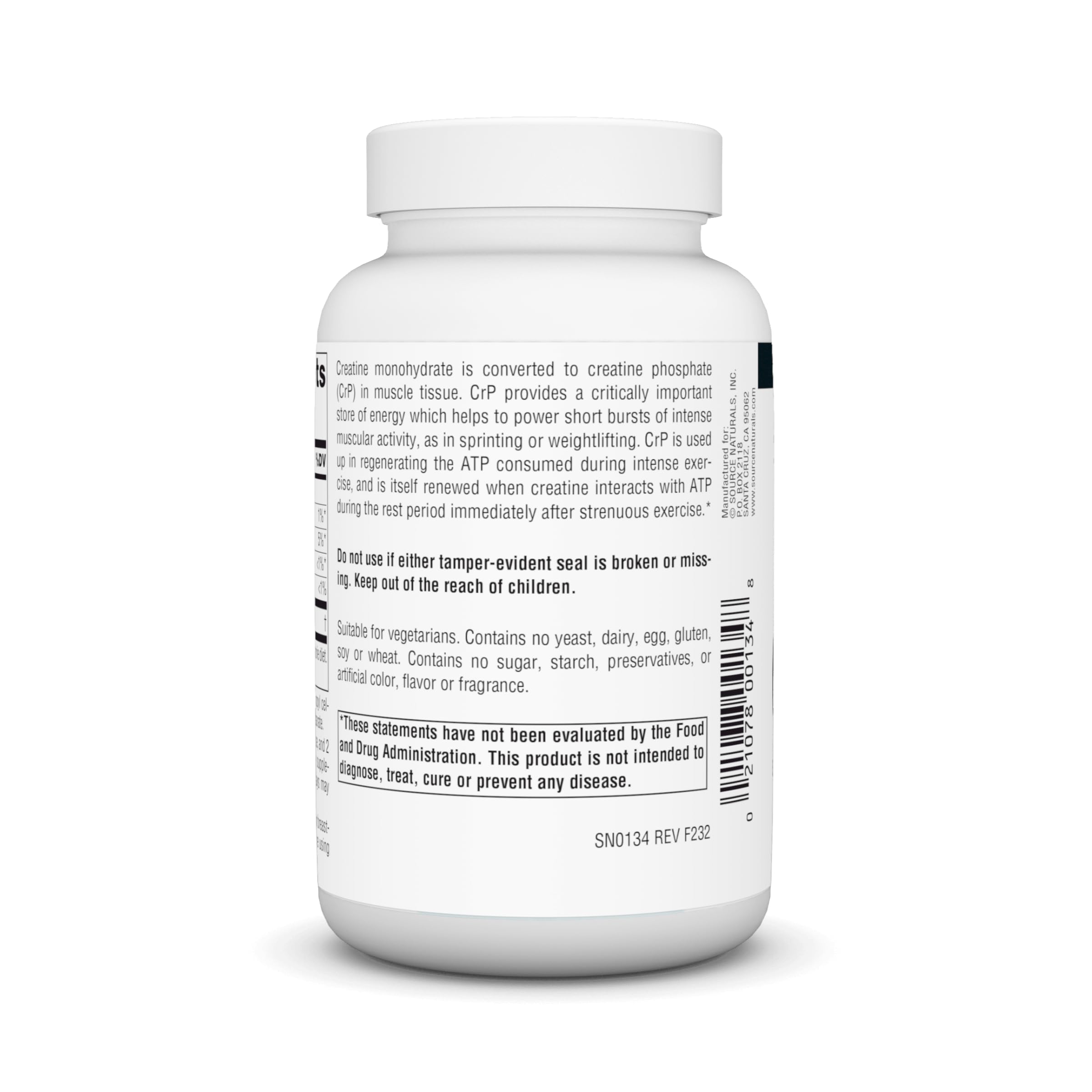 Nutritional facts panel for Source Naturals Creatine