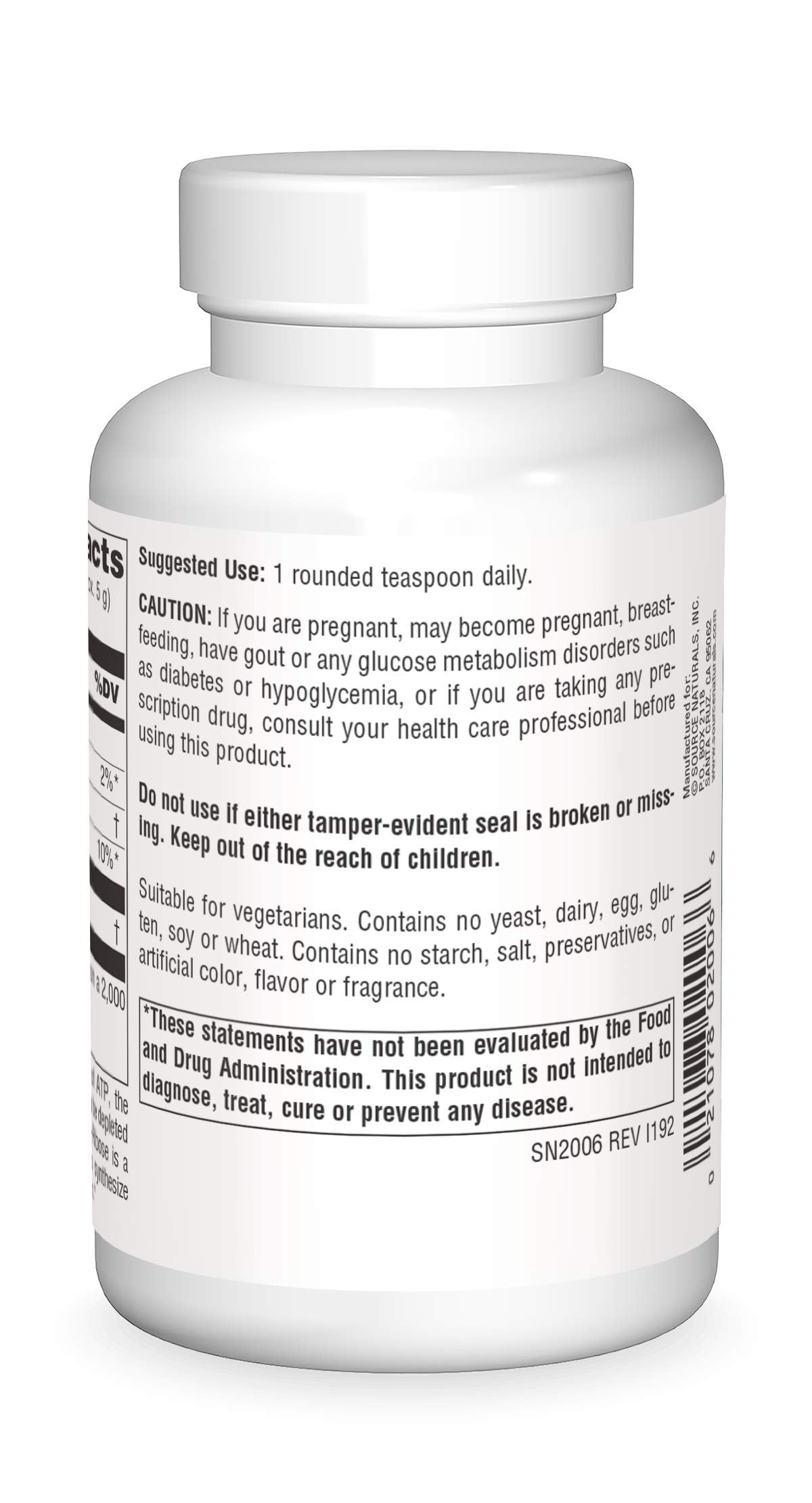 Back view showing supplement facts on Source Naturals D-Ribose 100 g powder