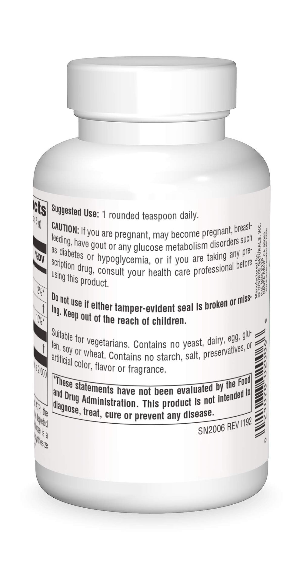 Back view showing supplement facts on Source Naturals D-Ribose 100 g powder
