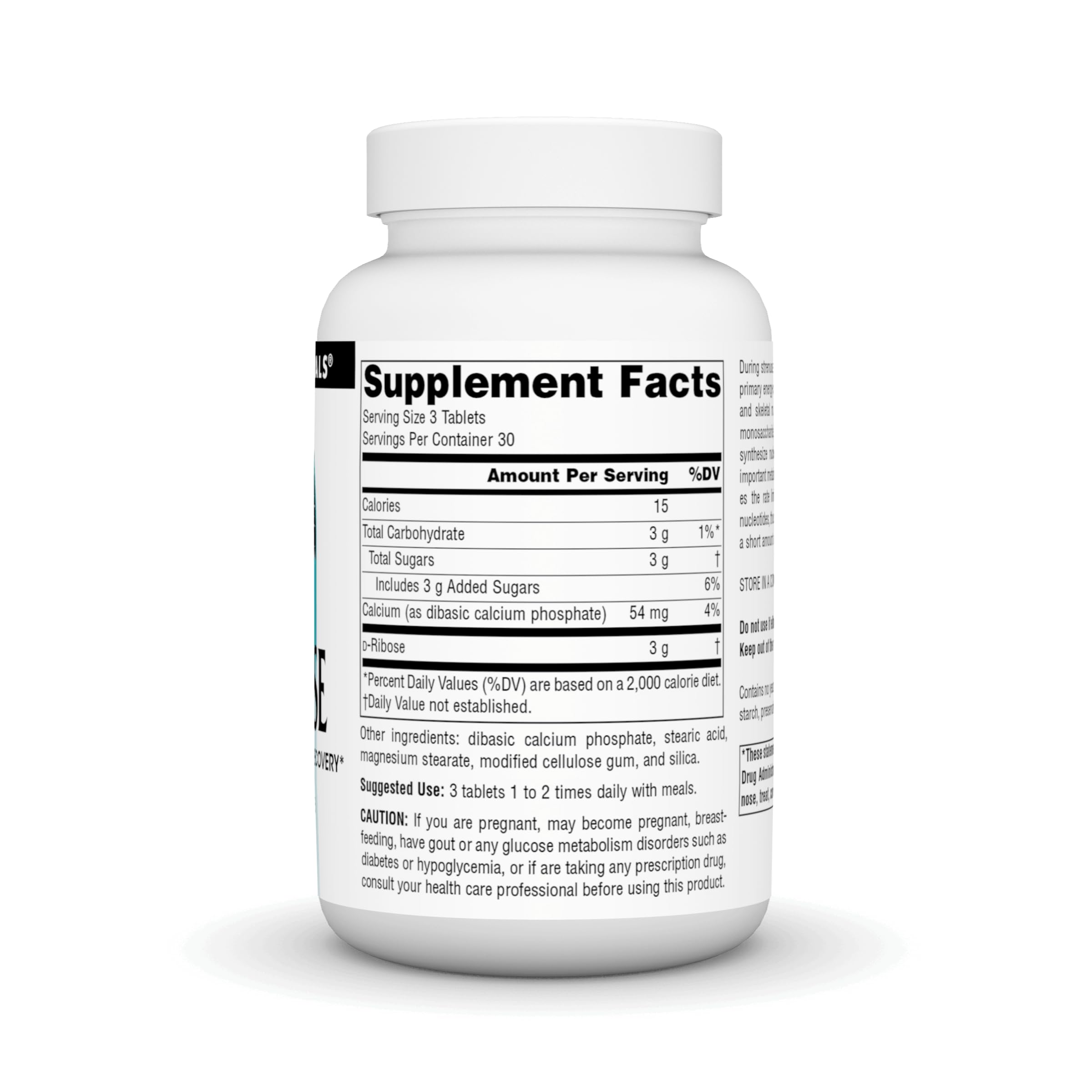 Label of Source Naturals D-Ribose 90 tablets with product information